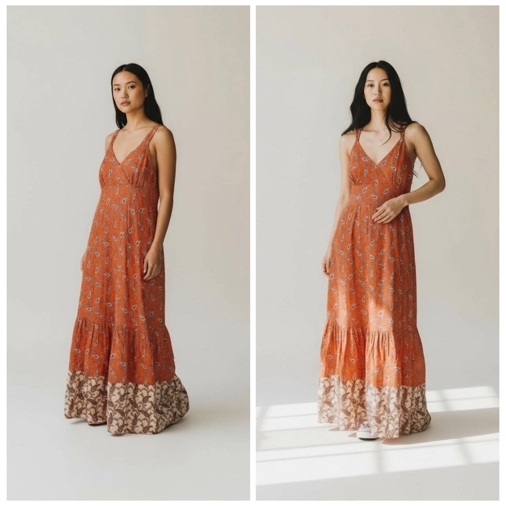 Stitchdrop Paisley Midi Dress Womens M Orange Boho Cotton Tiered Strappy Pockets